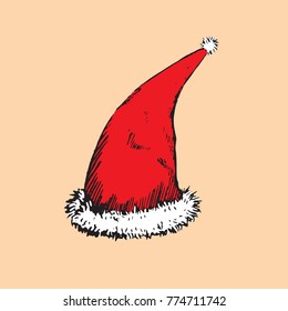 Santa`s hat, hand drawn doodle sketch, isolated vector color illustration