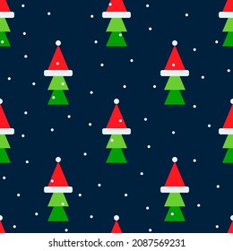 Santa's hat on the Christmas tree icon seamless pattern. Dector design in retro style. Festive Christmas packaging. Vector