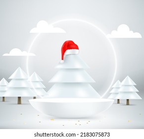 Santas hat on the Christmas tree. Christmas mockup. 3d vector banner with copy space