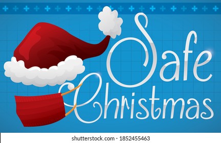 Santa's hat and red half mask over squared background, promoting safety measures against COVID-19 during Christmas.