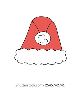 Santa's hat, red hat with a white pom-pom. Doodle illustration