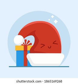 Santa's hat smiles with closed eyes behind which there is a big gift. New Year's snowy atmosphere. Merry christmas and a merry new year. Banner concept for website or print.