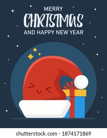 Santa's hat smiles with closed eyes behind which there is a big gift. New Year's snowy atmosphere. Merry christmas and a merry new year. Banner concept for website or print.