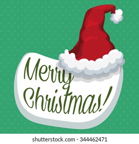 Santa's hat in speech bubble with merry X-mas message on green background.