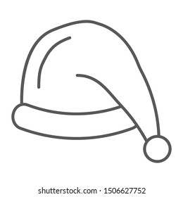 Santas hat thin line icon, costume and new year, santa claus cap sign, vector graphics, a linear pattern on a white background, eps 10.