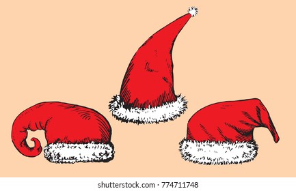 Santa`s hats, hand drawn doodle sketch, isolated vector color illustration