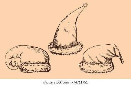 Santa`s hats, hand drawn doodle sketch, isolated vector outline illustration
