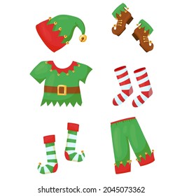 Santa's helper elf clothes. Yarey costume. Christmas decor in cartoon style. Vector illustration isolated on white background.