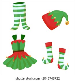 Santa's helper elf clothes. Yarey costume. Christmas decor in cartoon style. Vector illustration isolated on white background.