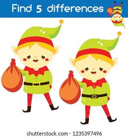 Santa's helper elf. Find the differences educational children game. Kids activity fun page. Christmas, New Year holidays theme