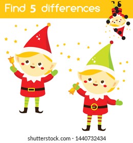 Santa's helper elf. Find the differences educational children game. Kids activity fun page. Christmas, New Year holidays theme