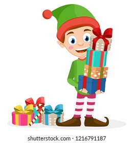 Santa's helper is holding gift boxes on a white.