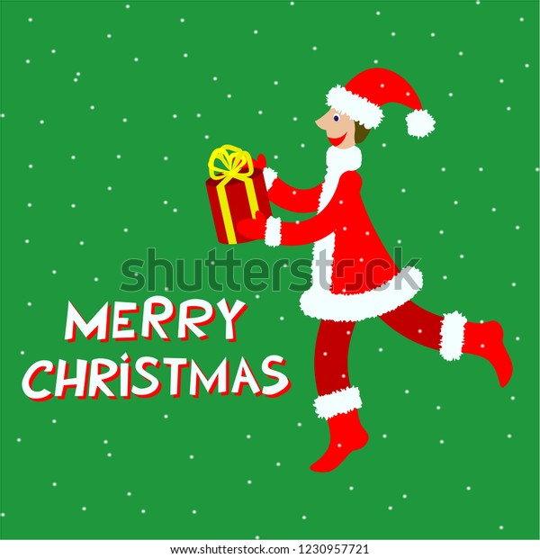 Santas Helper Runs Gift His Hands Stock Vector Royalty Free 1230957721