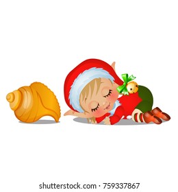 Santa's helper sleeping with large seashell isolated on white background. The attributes of Christmas and New year.  Vector cartoon close-up illustration.