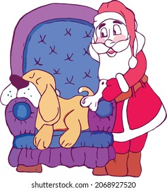 Santa está en casa. Papá Noel con perro. Ilustración vectorial plana