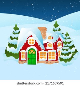 Santa's house on a snowy background. Near the house they ate in the snow and it is snowing. Mood of comfort, Christmas and holiday. Christmas illustration.