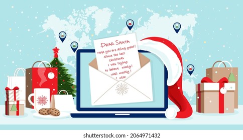 Santa`s laptop screen with online opened letter, modern workplace, table with gift bags, boxes ready for delivery, Santa hat, small fir tree, cookies, cup of hot tea. World map, icons, at background 