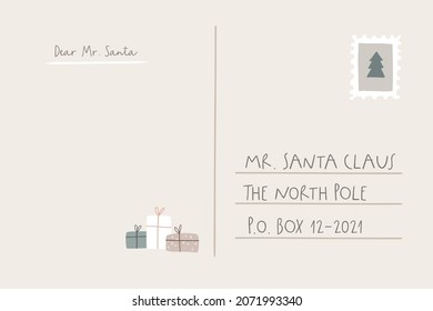 Santas letter template with empty copy space and gift boxes. Christmas wish list. Hand written holiday postacrd to North Pole. Vector illustration background. Winter mail concept. Vintage flat design