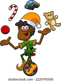 Santa's Little Black Elf Helper Cartoon Character Juggling With Toys And Riding One Wheel Bike. Vector Hand Drawn Illustration Isolated On Transparent Background