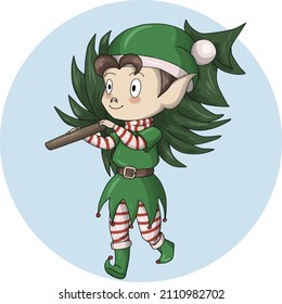 Santa's little elf helper carries a Christmas tree, vector illustration, on a blue background, postcard design element, emblem, icon