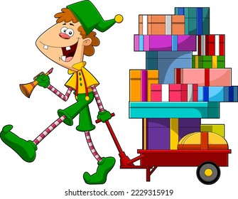 Santa's Little Elf Helper Cartoon Character Pulls A Cart With Gift Boxes. Vector Hand Drawn Illustration Isolated On Transparent Background