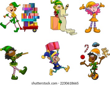 Santa's Little Elf Helper Cartoon Characters. Vector Hand Drawn Collection Set Isolated On Transparent Background