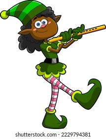 Santa's Little Female Black Elf Helper Cartoon Character. Vector Hand Drawn Illustration Isolated On Transparent Background