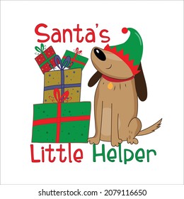 Santa's little helper - cute dog in Elf hat, with gift boxes. Good for greeting card, t shirt print, poster, label, and other decoration for Christmas.