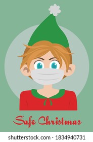 Santa's little helper. He has big blue eyes and messy red hair. He's wearing a white mask. Have a safe Christmas during Covid-19 pandemic.