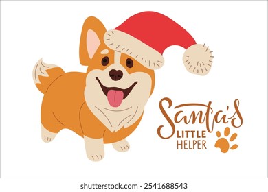 Santa's little Helper lettering and Corgi Dog with Santa Hat. Cute Pet. Text for Christmas. Flat vector illustration of Welsh Corgi. Winter season poster. Holiday quote. X-mas and New Year card.