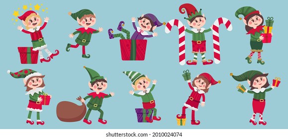 Santa's little helpers. Christmas Elves in caps, happy Elf characters with gifts vector cartoon set