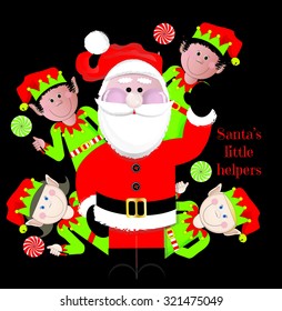 "Santa's Little Helpers" Santa and Elves on Black Background