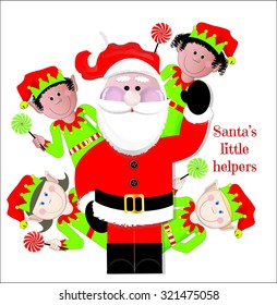 "Santa's Little Helpers" Santa and Elves on White Background