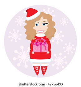 Santa's little lady with gift. Vector illustration for your christmas design.