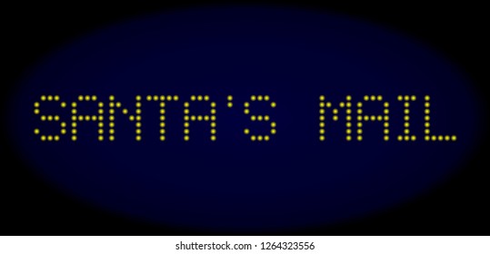 Santa'S Mail title in LED style with round glowing dots. Vector glare yellow symbols forms Santa'S Mail title on a dark blue background. Digital font with round elements.