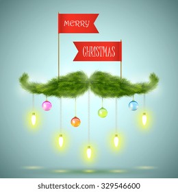 Santas moustache vector illustration. Santa moustache made of  fir decorated by garlands, balls and paper flags with Merry Christmas greeting.