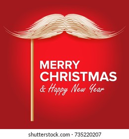 Santa's Mustache Vector. Classic Christmas Realistic White Mustache With Stick. Isolated Illustration