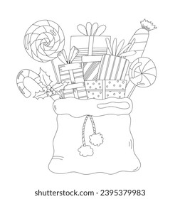 Santa'S New Year Bag Filled With Gifts And Candies Is A Christmas Illustration For Children To Color