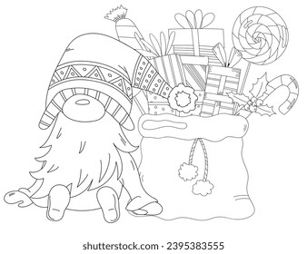 Santa'S New Year Bag Filled With Gifts And Candies And A Christmas Gnome Make A Festive Illustration For Children To Color