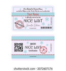 Santa's nice list certificate. Christmas gift, nice list plastic certificate template. Vector illustration.