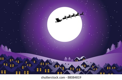 Santa's Night Ride Santa Claus flies over a small town at night. EPS 8 vector, grouped for easy editing.