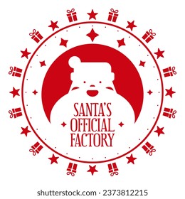 Santa's official factory.  Xmas stamp design with cute Santa Claus. Template for christmas handmade gifts. Vector illustration.