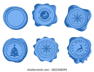 Santa's Official Mail Blue Wax Seal Isolated On White Background. Special Delivery From The North Pole, Made In Santa’s Workshop Christmas Vintage Rubber Stamps, Labels, Badges Set.vector Illustration