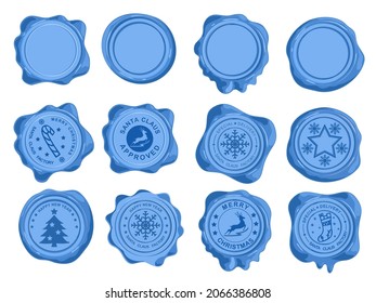 Santa's Official Mail Blue Wax Seal Isolated On White Background. Special Delivery From The North Pole, Made In Santa’s Workshop Christmas Vintage Rubber Stamps, Labels, Badges Set.vector Illustration