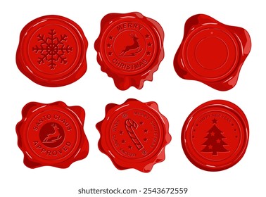 Santa's official mail red wax seal isolated on white background. Special delivery from the North Pole, made in Santa’s workshop Christmas vintage rubber stamps, labels, badges set. Vector 