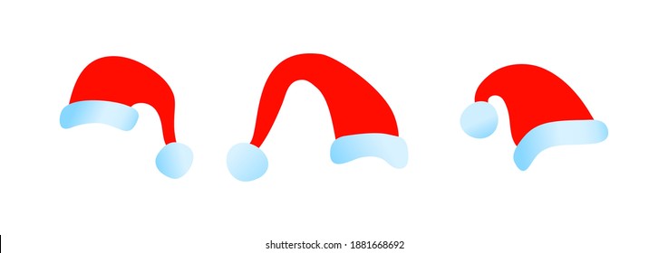 Santas red Christmas hat set, isolated vector illustration on white background. Graphic design element for trendy celebration designs as greeting cards or stickers.