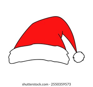 Santa's red hat, hand-drawn illustration with outline, isolated on a white background, flat design, vector. Festive, Christmas headdress for decoration, party, new year, costume element.