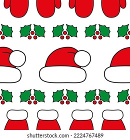 Santa's red mitten, hat, and holly on white background. Seamless vector pattern. Christmas background for festive designs, textile print, wrapping, papers, decors, banners, cards, and invitations.