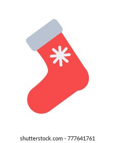 Santa's red sock for putting Christmas presents with knitted snowflake vector illustration icon of New Year holidays symbol isolated on white