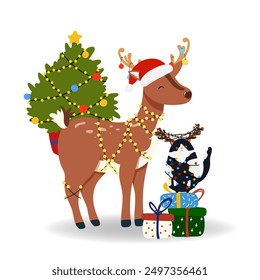 Santa's Reindeer with Cat, Christmas tree, gift boxes in flat style. Vector illustration isolated for holiday designs banner, cover, advertisement, greeting card. Concept of Christmas and New Year